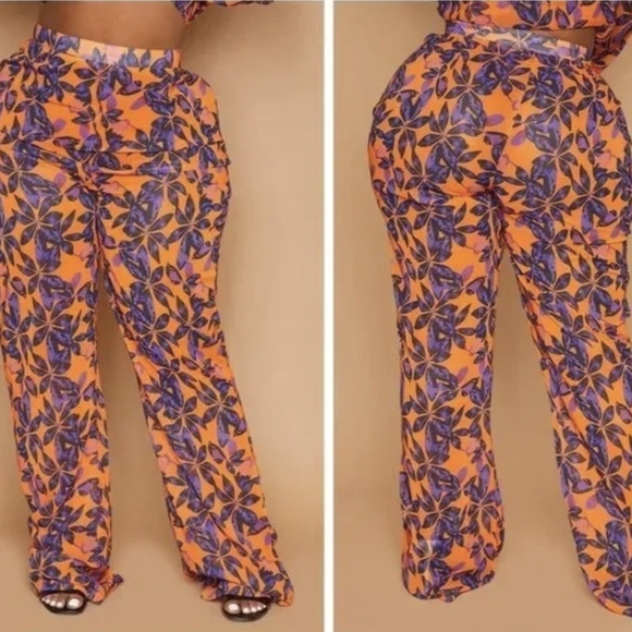 PrettyLittleThing Plus Orange Beach Print Flare Pants NWT - Picture 6 of 6